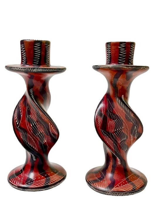 Soapstone Candle Holders Hand Carved Twisted 6" Dark Red Black White Pair - Picture 1 of 4